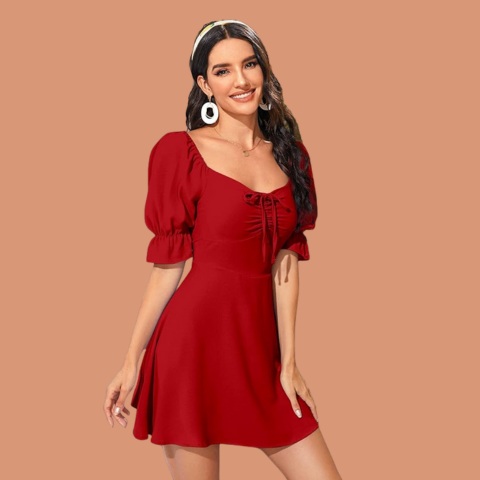 Women's & Girls' Black Solid Ruched Detail A-line Mini Dress